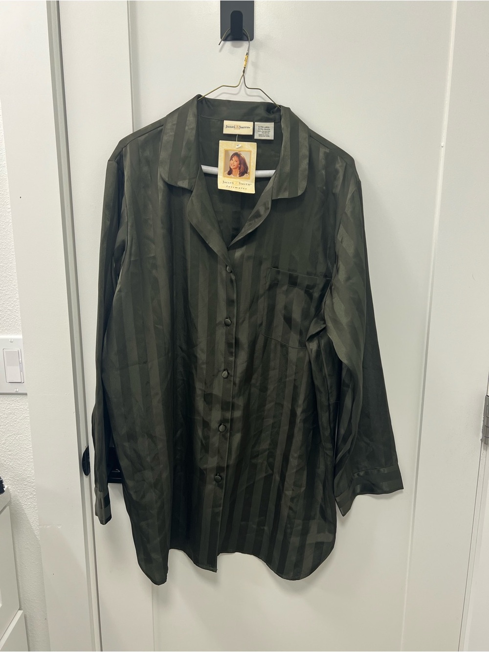 Vintage Jaclyn Smith Olive Green Striped Button-Front Sleep Shirt
